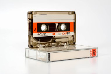 PRAGUE, CZECH REPUBLIC - NOVEMBER 29, 2018: Audio compact cassette SONY CHF 90. Audio cassette on a white background, front view. Analog format for audio playing and recording.