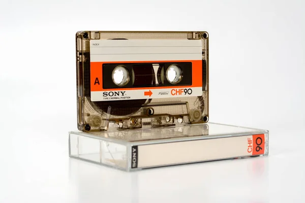 PRAGUE, CZECH REPUBLIC - NOVEMBER 29, 2018: Audio compact cassette SONY CHF 90. Audio cassette on a white background, front view. Analog format for audio playing and recording.