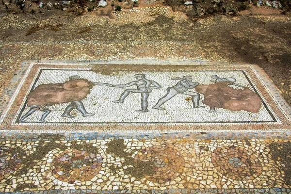 Antik Yunanistan şehir Dion. Mozaik kalıntıları, House, Dionysos katında... Makedonyalı kutsal şehir'in arkeolojik park.
