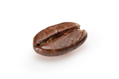 Kahve çekirdekleri. Bir kavrulmuş kahve çekirdeği makro görünümü, yakın çekim, izole üzerinde beyaz arka plan.