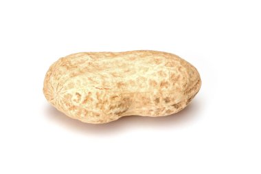 Fıstık. Beyaz arka planda izole edilmiş bütün somun. Yer fıstığı makrosu yakın. Tam alan derinliği.