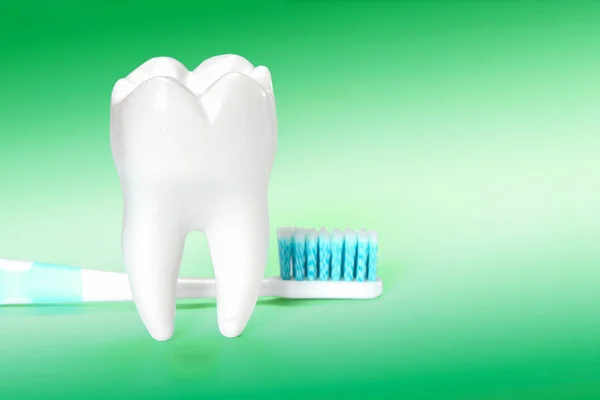 White big healthy tooth and toothbrush for dental care, on green gradient dental background. — Stock Photo, Image