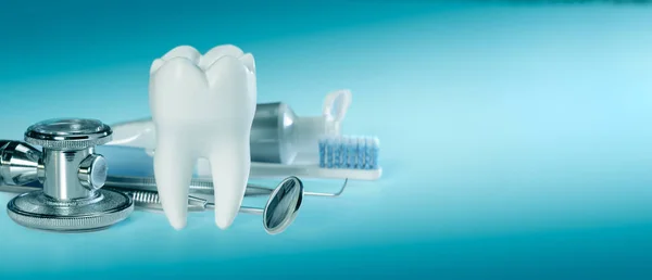 Diente blanco grande y saludable y diferentes herramientas para el cuidado dental y estetoscopio, en el fondo dental gradiente. tamaño del banner — Foto de Stock