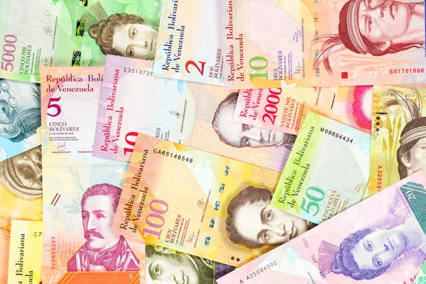 Venezuela bolivar banknotes, different bills. Beautiful colorful obverse side bolivares close up background.