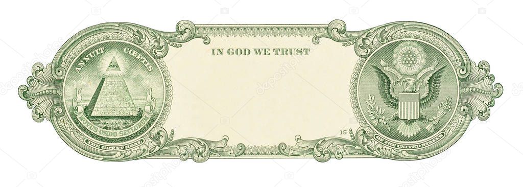 U.S. one dollar border with empty middle area. Clear one dollar reverse side banknote pattern for design purposes.
