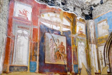 ERCOLANO, ITALY - SEPTEMBER 09, 2017: Herculaneum, ancient Roman town. Hercules, Juno and Minerva fresco, College of the Augustans, Ercolano, Italy clipart