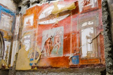 Ercolano, İtalya - 09 Eylül 2017: Herculaneum, antik Roma kenti. Neptün ve Aimone fresco, Augustans Koleji, Ercolano, İtalya