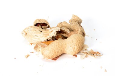 Fıstık. Beyaz arka planda izole çekiç fındık tarafından kırık. Yer fıstığı makrosu yakın. Tam alan derinliği.