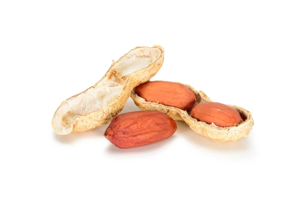 Amendoins. Três grãos de nozes com casca aberta isolada em fundo branco. Macarrão de amendoim perto. Profundidade total do campo . — Fotografia de Stock
