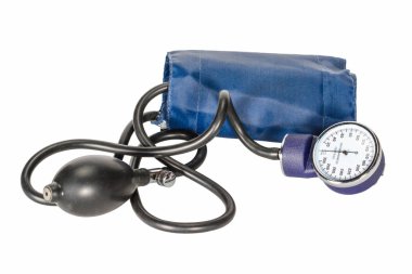 Sphygmomanometer veya klasik tonometre beyaz arka plan üzerinde izole. Kan basıncıölçümü için mavi tonometre.