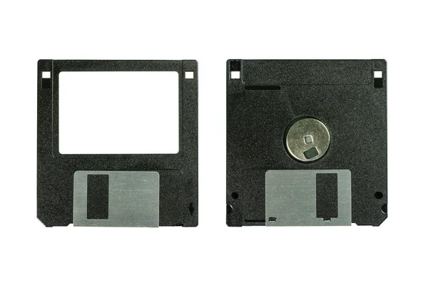 Floppy disk 3,5 inch geïsoleerd op witte achtergrond. Vintage computer diskette. Voor- en achteraanzicht macro close-up. — Stockfoto