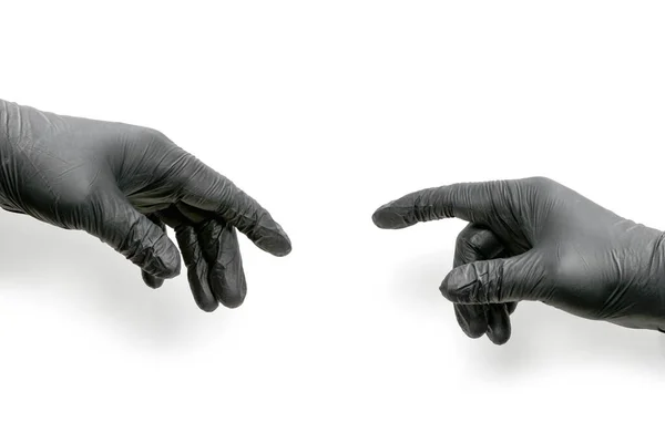 Две Руки Черных Резиновых Перчатках Одна Указывает Другую Аллюзия Изображение — стоковое фото