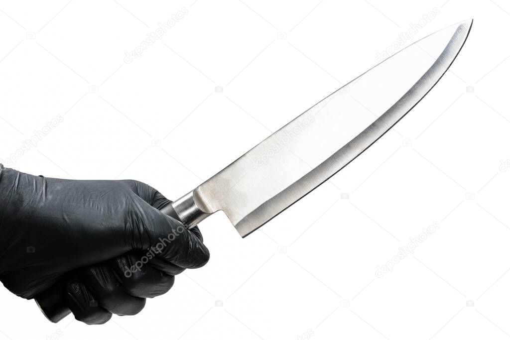 Hand in black rubber glove with big sharp knive, crime concept. Arm in black latex glove close up isolated on white background.