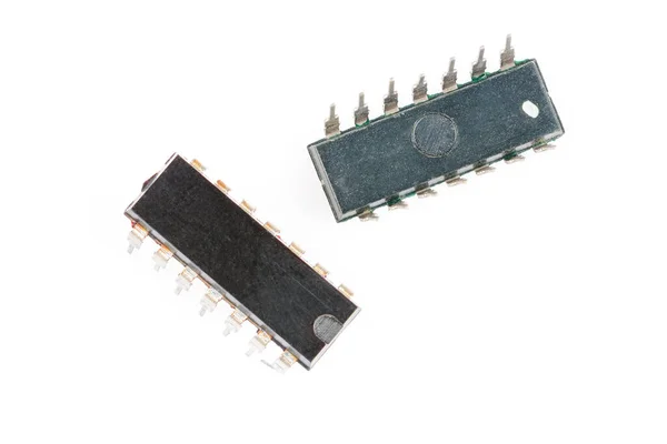 Elektronische Componenten Vier Oude Microchips Verschillende Types Macro Studio Shot — Stockfoto