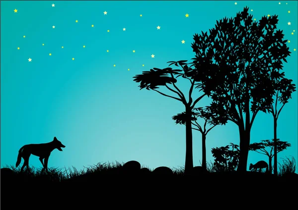 Silhouet Van Dingo Kangoeroe Met Blauwe Lucht Sterren Australië — Stockvector