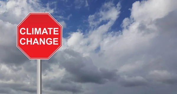 Klimatförändringar Varningsskylt Med Stormigt Moln Bakgrunden — Stockfoto