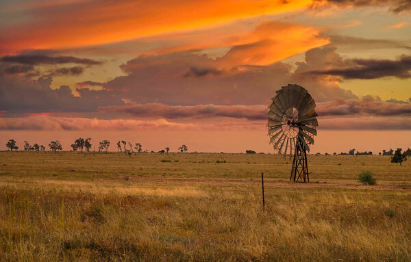 Australian rural view of a sunset with a windmill