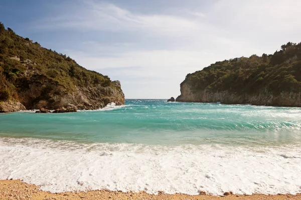 Hermosa Bahía Arena Paleokastritsa Corfú Grecia — Foto de Stock