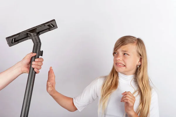 Hand Holding Vacuum Tube Girl Refusing Housework — Stock Photo, Image