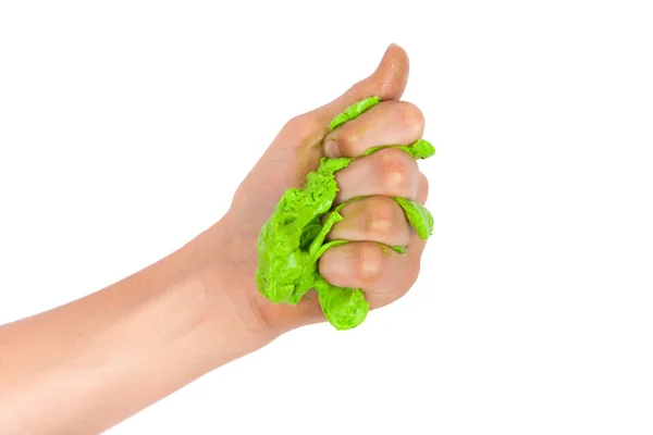 Hand Squeezing Green Slime Isolated White Background — Stock Photo, Image