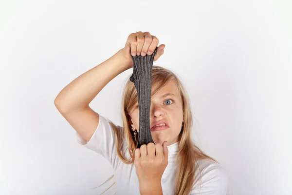 Funny Girl Playing Black Slime Looks Gunk — Stock Photo, Image