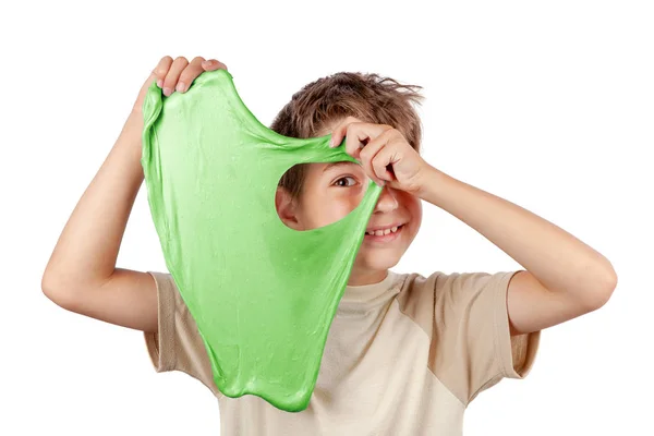 Vrolijke Jongen Houdt Een Groene Slime Zoek Gooien Haar Gat — Stockfoto