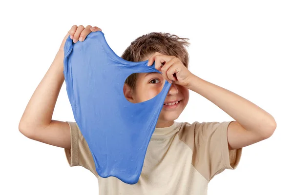 Cheerful Boy Holding Blue Slime Looking Its Hole Studio Isolated — Stock Photo, Image