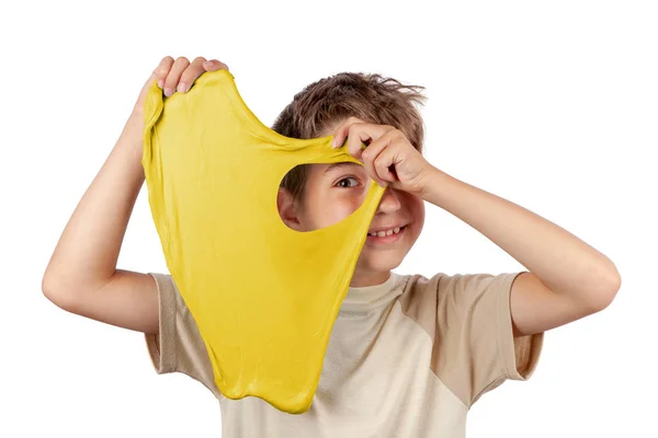 Cheerful Boy Holding Yellow Slime Looking Its Hole Studio Isolated — Stock Photo, Image