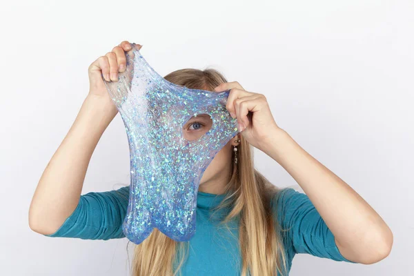 Funny Girl Holdin Glitter Slime Front Her Face Looking Its — Stock Photo, Image