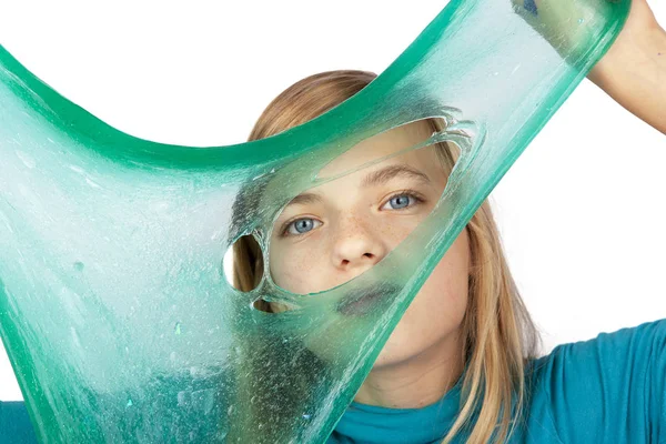 Cute Girl Holding Green Slime Front Her Face Looking Studio — Stock Photo, Image