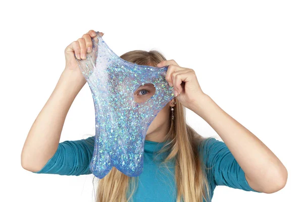 Funny Girl Holdin Glitter Slime Front Her Face Looking Its — Stock Photo, Image