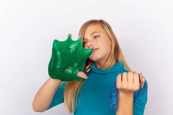 Beautiful Young Girl Playing Green Blue Slimes — Stock Photo, Image