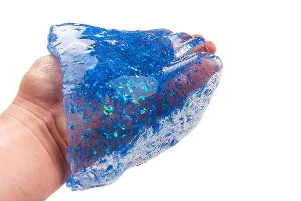 Hand Holding Blue Glitter Slime Isolated White Background — Stock fotografie