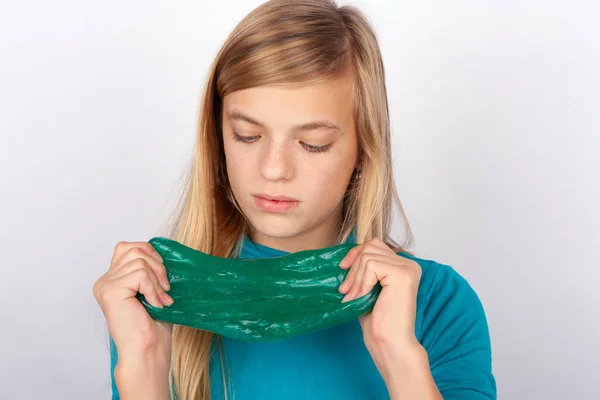 Young Girl Playing Green Slime — Stock Photo, Image