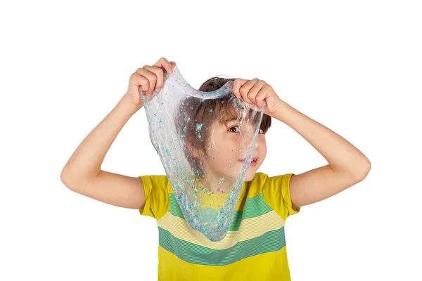 Cheerful Boy Holding Glitter Slime Looking Its Hole Studio Shot — Stock Photo, Image