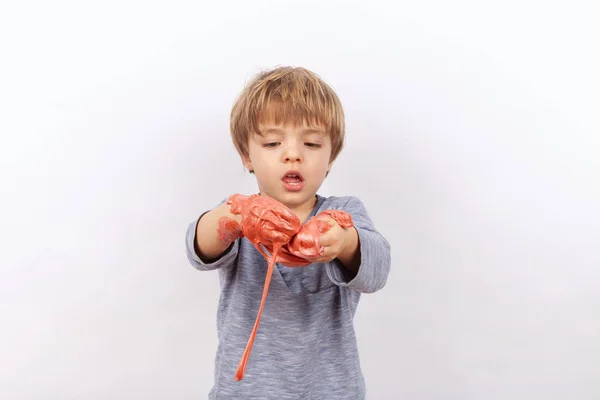Funny Small Boy Playing Slime — Stock Photo, Image