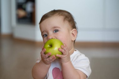 küçük çocuk ve onun ellerini elma tutan kemiren