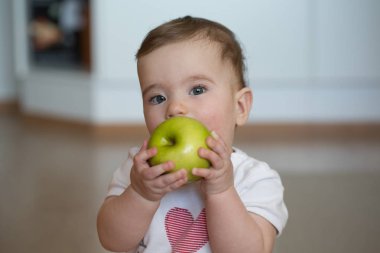 küçük çocuk ve onun ellerini elma tutan kemiren