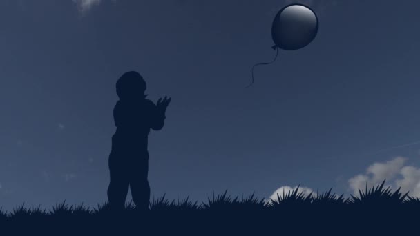 El niño deja que el globo suba al cielo. silueta estacionaria de un niño con un globo sobre el fondo de nubes en movimiento — Vídeo de stock