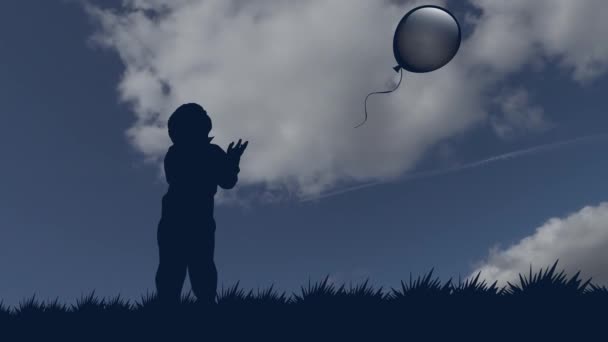 Der kleine Junge lässt den Ballon in den Himmel steigen. stationäre Silhouette eines Jungen mit einem Ballon vor dem Hintergrund sich bewegender Wolken — Stockvideo