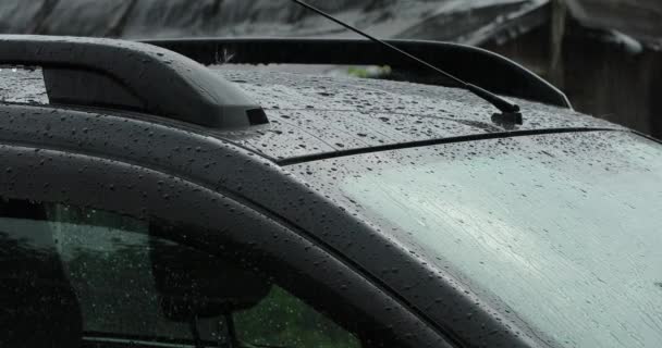 La lluvia gotea fuerte y rápidamente en el techo del coche durante el día — Vídeos de Stock