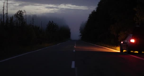 Voiture garée sur le bord de la route la nuit avec feux de secours allumés — Video