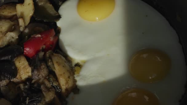 Oeufs de poulet avec pommes de terre et légumes rôtis dans une casserole — Video