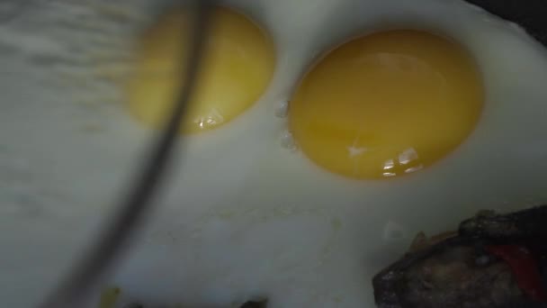 Huevos de pollo con patatas y verduras asadas en una sartén — Vídeo de stock