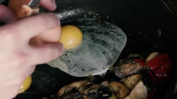 Uova di pollo con patate e verdure arrostite in una padella — Video Stock