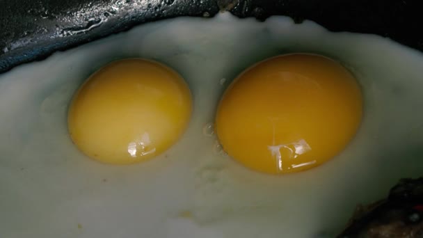 Huevos de pollo con patatas y verduras asadas en una sartén — Vídeo de stock