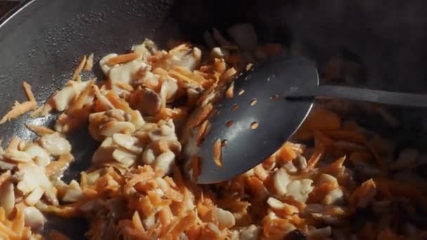 Udon-nudlar med grönsaker i en kastrull — Stockvideo