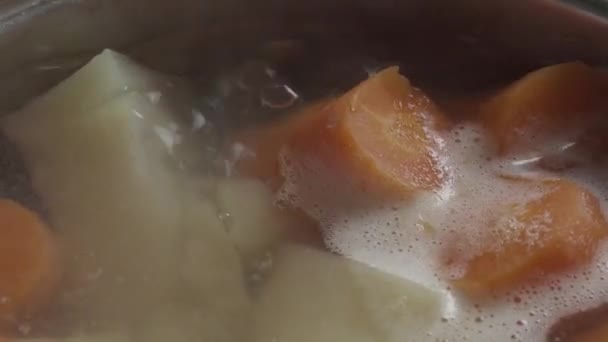 Морква з картоплею тушкована на сковороді — стокове відео