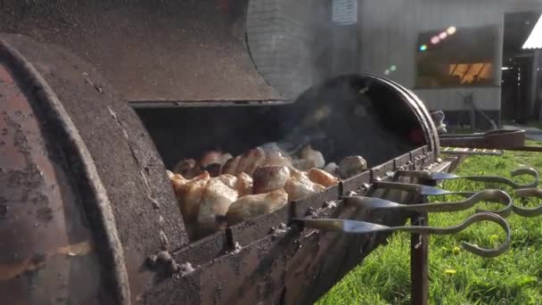 Carne de frango em espetos cozidos sobre carvão vegetal — Vídeo de Stock