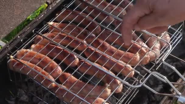 Meat sausages on the grill roasting over coals — Stock Video
